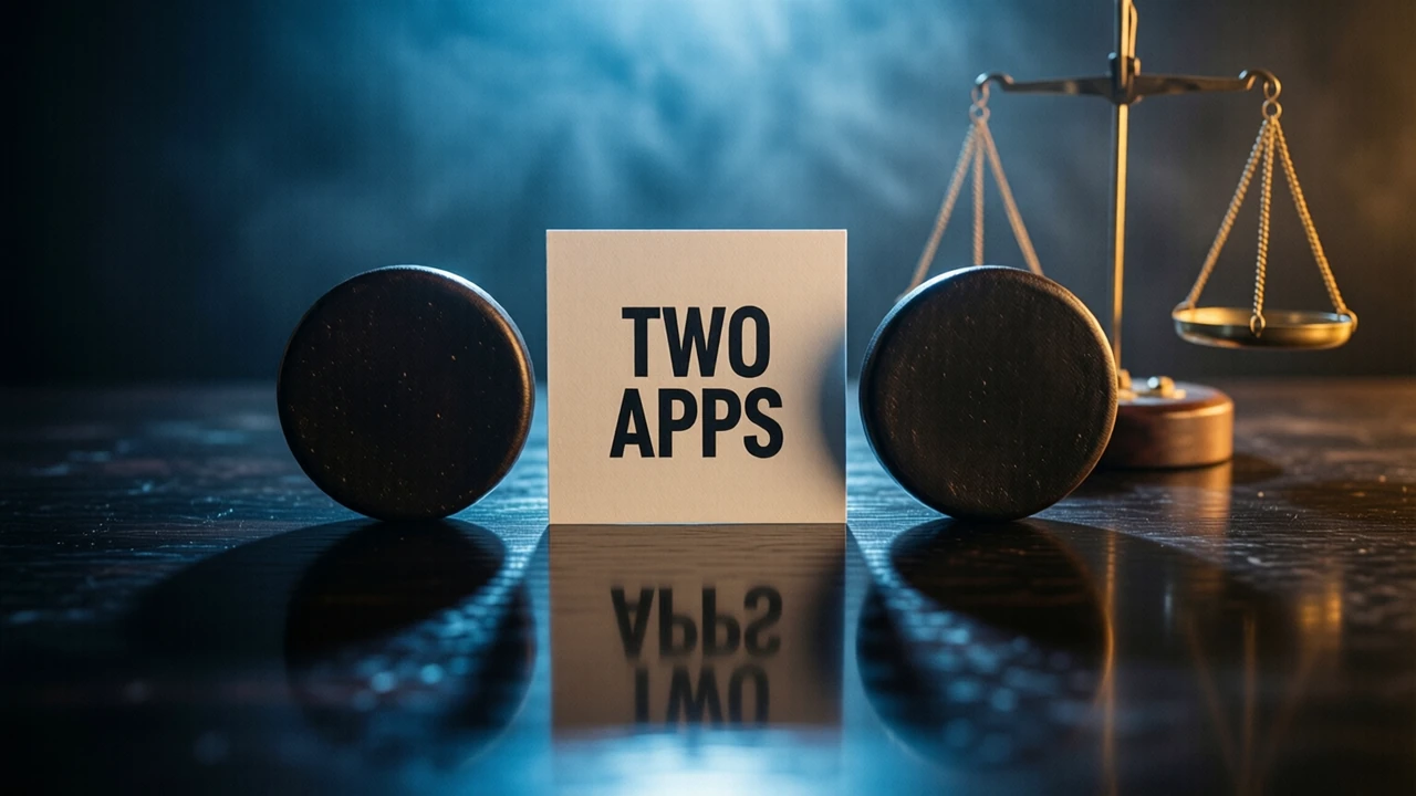 Two identical small dark rounded tiles standing upright and well apart on a dark glossy table under one cool blue light from behind, a plain flat card lying between them square to the camera and printed with the single line TWO APPS in heavy black type, each tile casting its own separate shadow forward, clean mirrored reflections below, near-black beyond