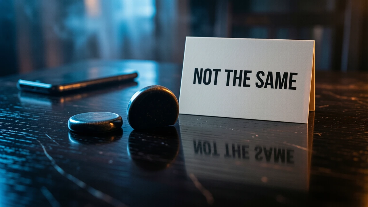 Two identical small dark rounded tiles lying side by side and slightly apart on a dark glossy table, one cool blue light from the left so the nearer tile catches a bright edge and the further one stays in shadow, a plain flat card propped behind them printed with the single line NOT THE SAME in heavy black type, mirrored reflections below, near-black beyond