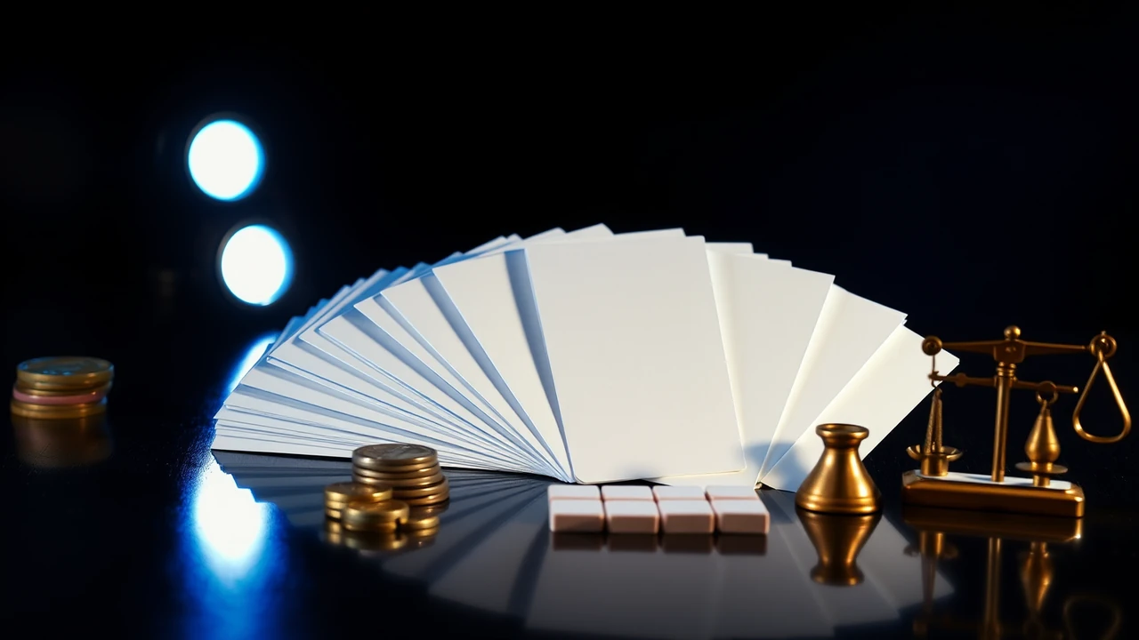 A loose fan of blank plain cards spread across a dark glossy table under one cool blue light from behind, every card face empty and unmarked, the topmost card lifted slightly and catching a bright edge, long soft shadows running forward and a clean mirrored reflection under the fan, the background falling into near-black