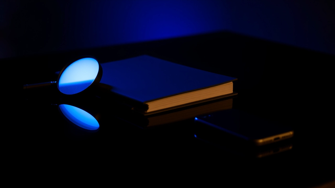 A round magnifier lying lens-down beside a closed plain notebook on a dark glossy table, one cool blue light from behind throwing both shadows forward across the polished surface, the notebook cover matte and unmarked, a clean mirrored reflection under each object and the background falling away into near-black