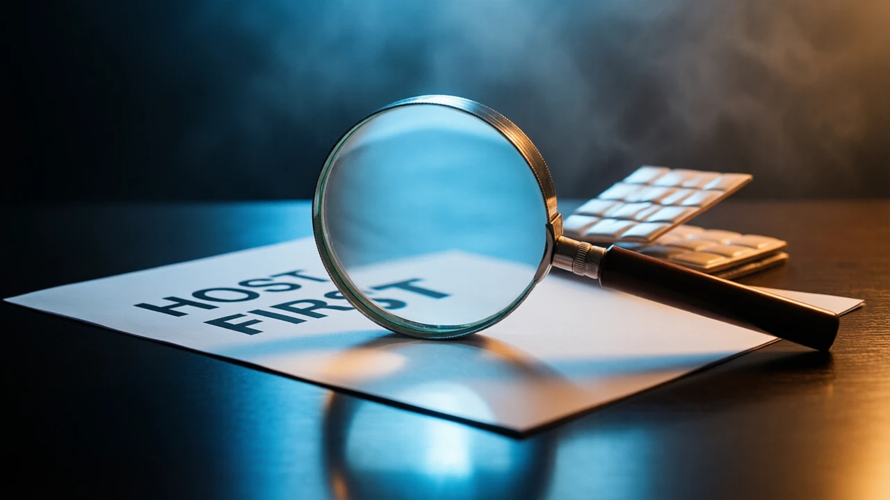 A round magnifier with a dark handle standing on its edge over a plain sheet of printed paper on a dark glossy table, one cool blue light raking across from behind, the words HOST FIRST printed large and crisp on the sheet beneath the lens and legible through it, a soft mirrored reflection under the magnifier, background falling into near-black