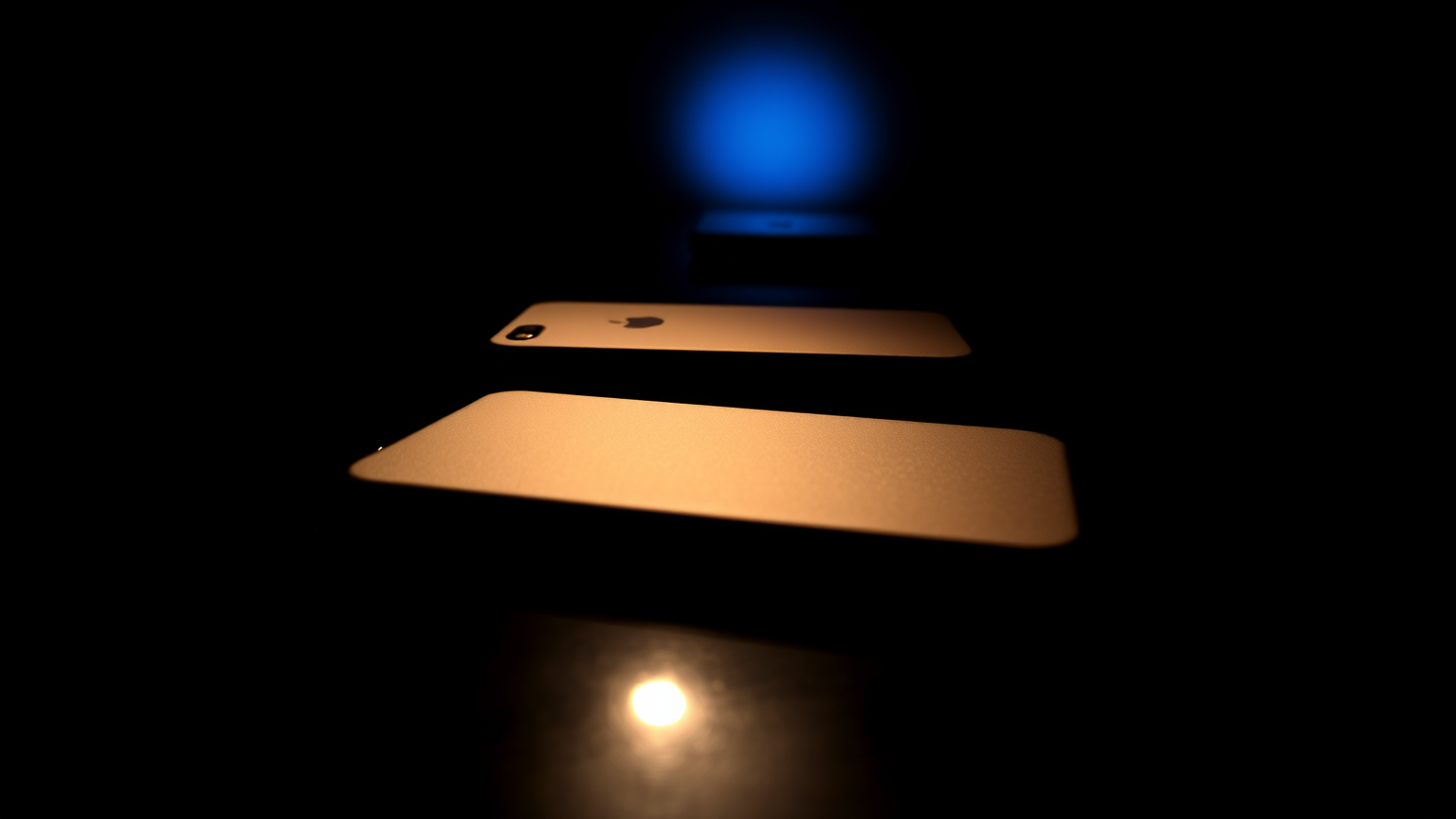 A phone lying face-down on a dark glossy table under a cool blue glow from behind, the back of the case matte and unmarked, a long soft shadow running forward from it and a clean mirrored reflection beneath, the rest of the table falling away into near-black with fine dust visible on the polished surface