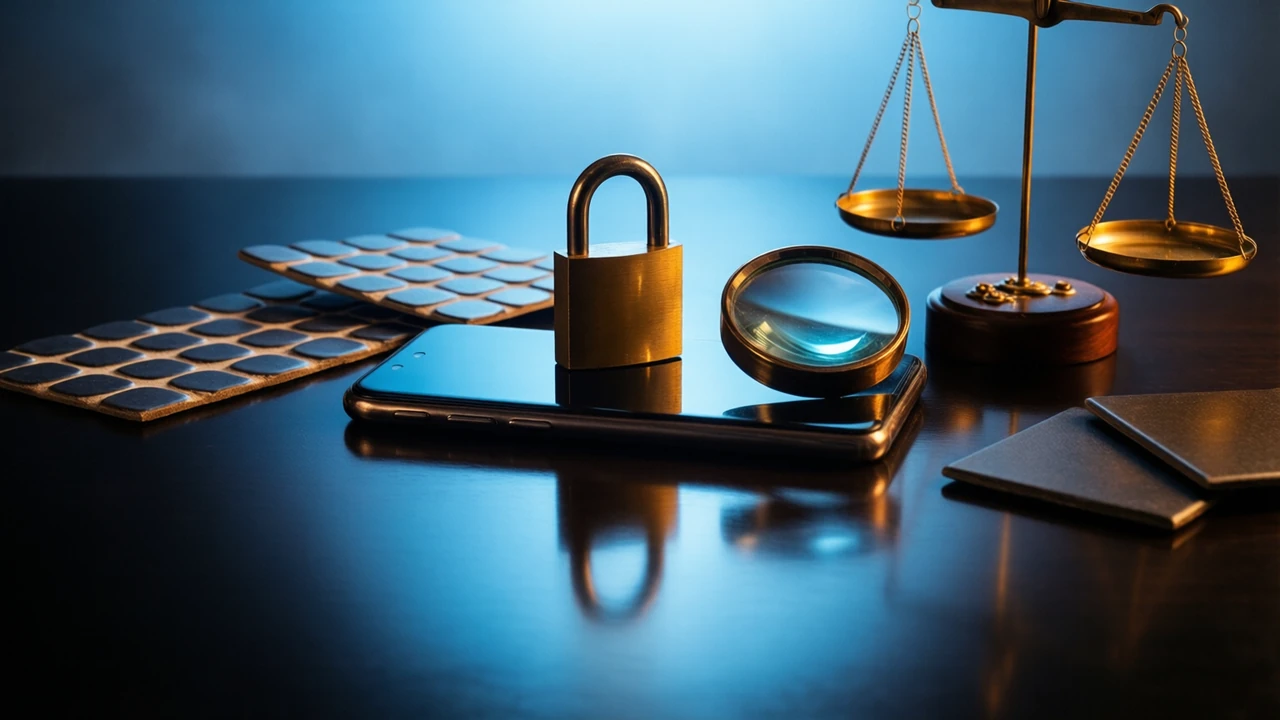 A phone lying face-down on a dark glossy table under a cool blue glow from behind, a closed brass padlock standing just beyond its upper edge and a round magnifier resting lens-down beside it, the three objects arranged in a loose triangle, long soft shadows thrown forward and clean mirrored reflections beneath, near-black falling away behind