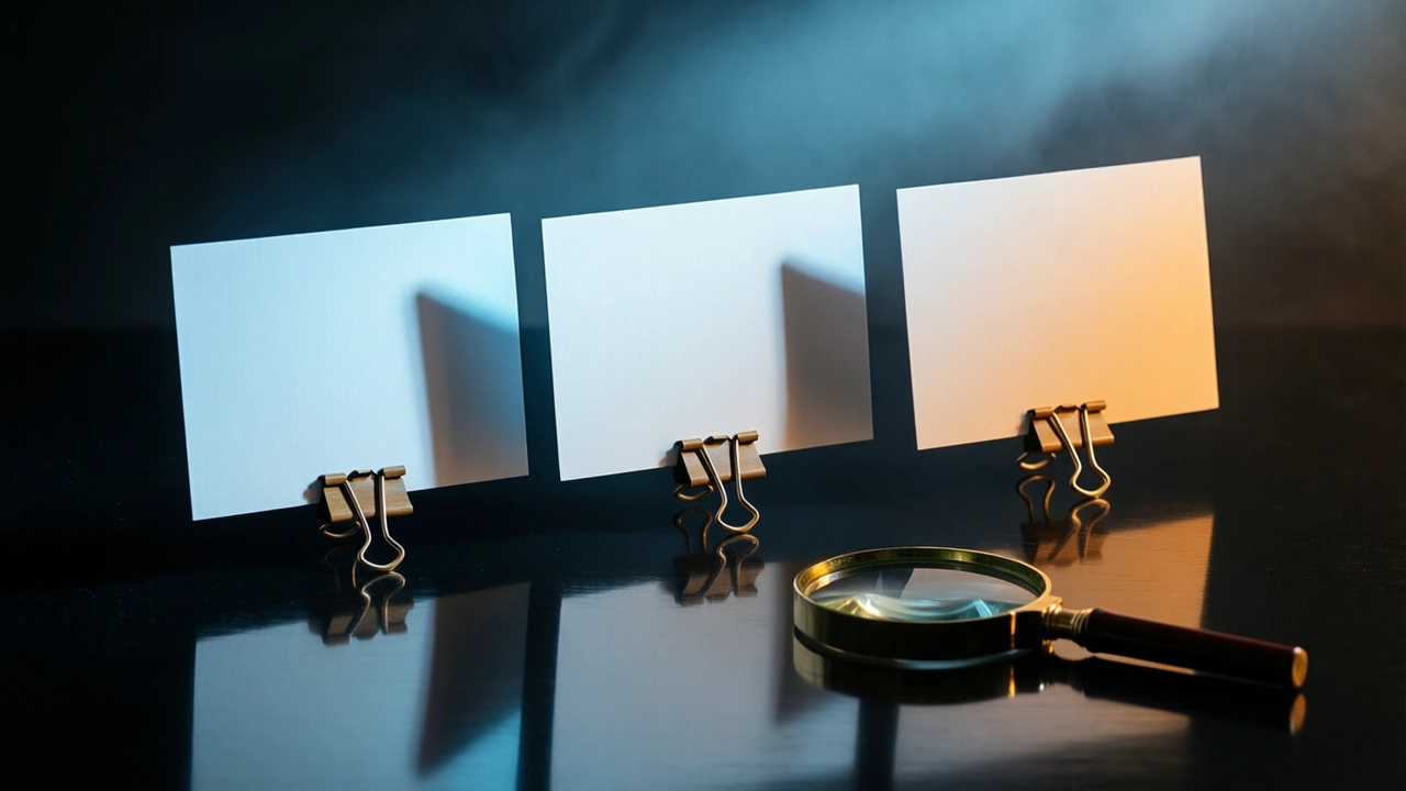 Three blank plain cards standing upright in a row in small brass clips on a dark glossy table, one cool blue light raking across from behind so each card throws a long soft shadow forward, every card face entirely unmarked, a clean mirrored reflection beneath the row and near-black falling away behind