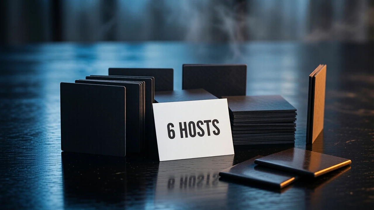 Six identical flat square cards cut from dark matte board, laid out in two even rows on a dark glossy table under one cool blue light from the side, five lying flat and one standing on its edge, a plain white card propped in front of the group printed with the single line 6 HOSTS in heavy black type, mirrored reflections below, near-black behind