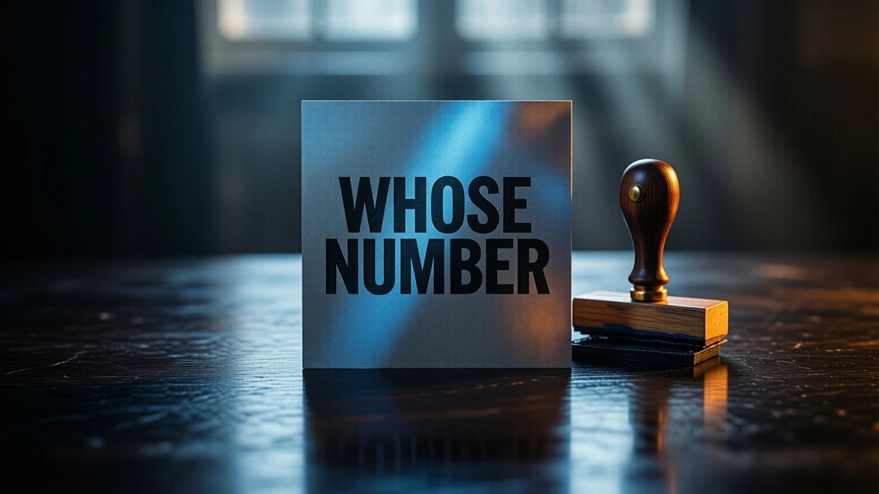 A single plain card lying flat and square to the camera on a dark glossy table under one cool blue light raking from behind, printed across it in heavy black type the line WHOSE NUMBER and nothing else, the card's surface matte against the polished table, a clean mirrored reflection beneath it and the rest of the frame falling away into near-black