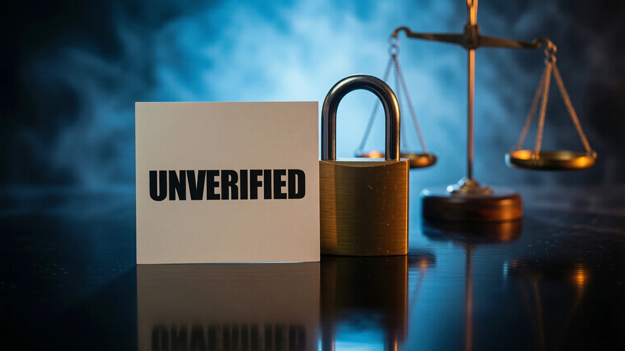 A single plain card lying flat and square to the camera on a dark glossy table under one cool blue light from behind, printed across it in heavy black type the line UNVERIFIED and nothing else, a closed brass padlock standing just behind the card and slightly out of focus, a clean mirrored reflection under both, near-black beyond