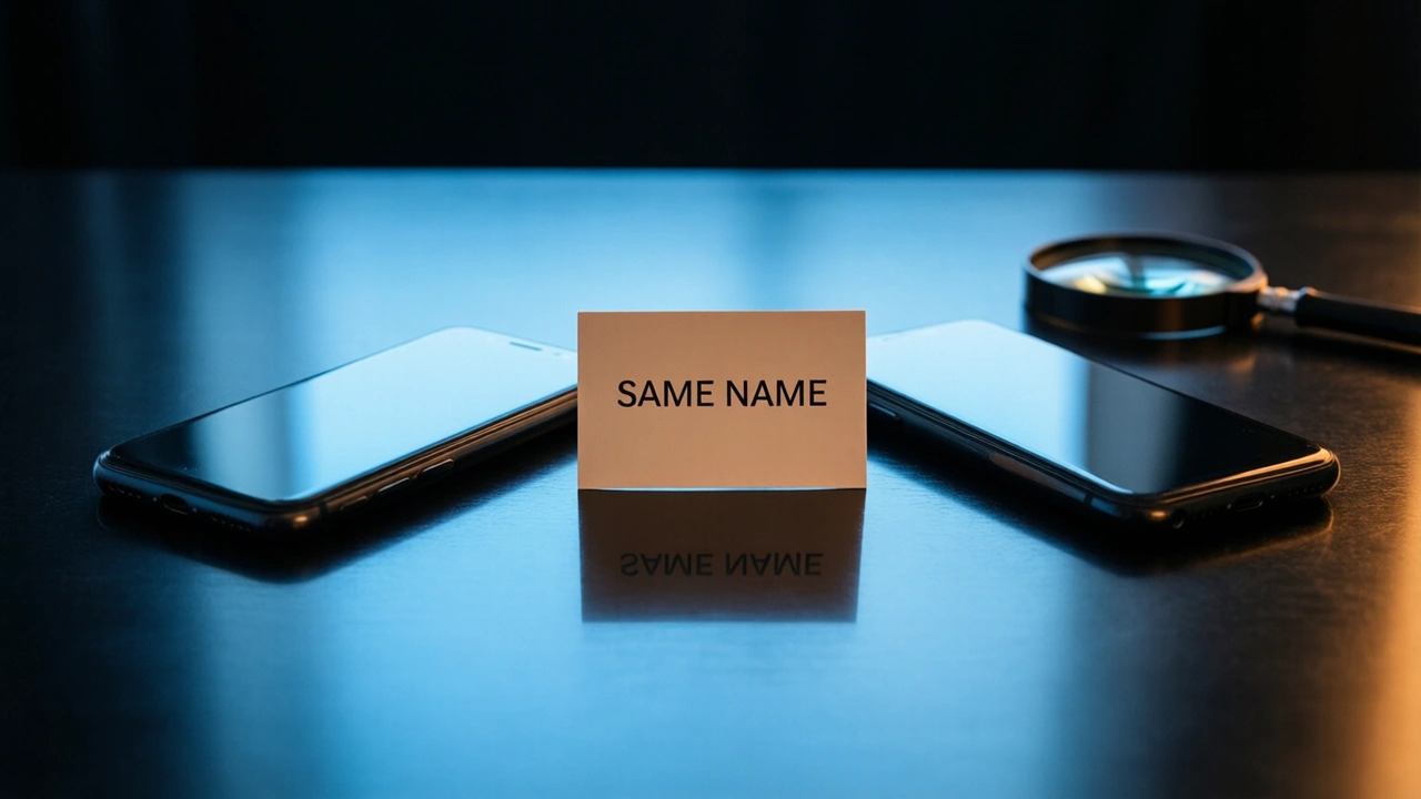 Two identical dark phones lying face-down side by side on a dark glossy table under a cool blue glow, a small flat card standing upright between them printed with the single line SAME NAME and nothing else, mirrored reflections of all three in the surface below, the background falling away into near-black