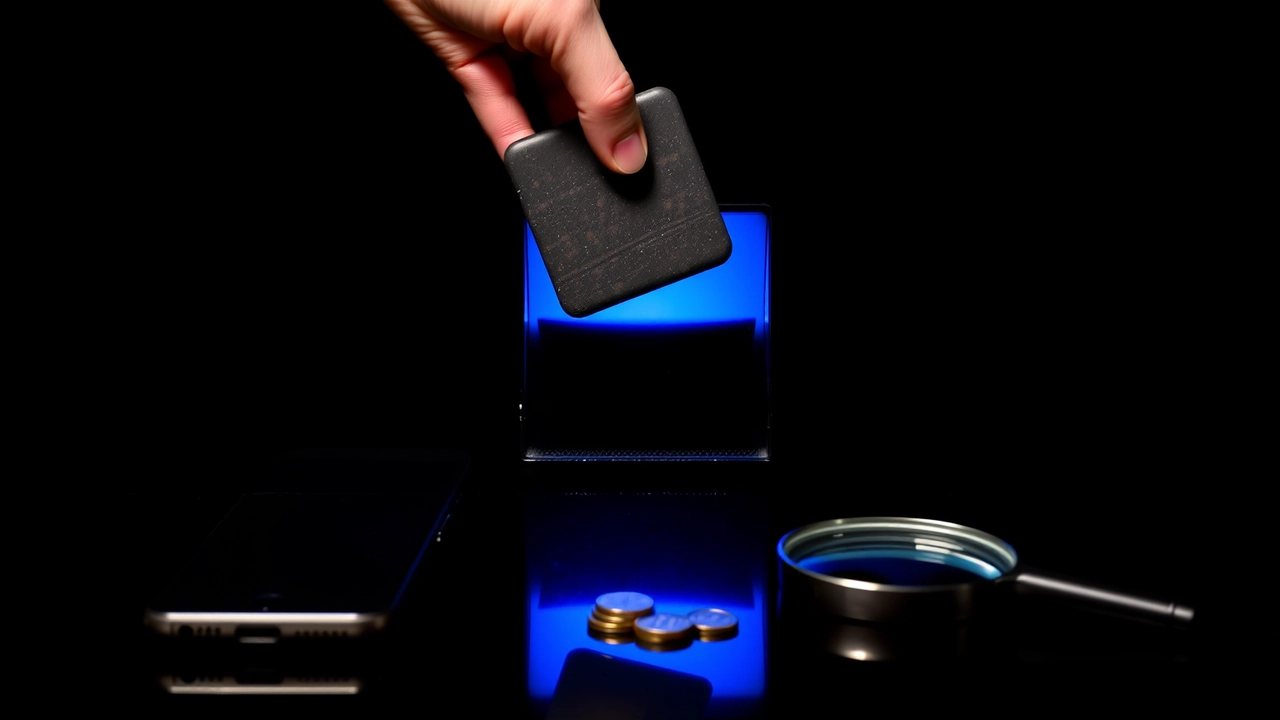 A small dark rounded tile held at an angle just above a square recess cut into a dark glossy panel, the tile visibly the wrong shape to drop into the opening, one cool blue light from behind picking out both edges, a hard shadow of the tile falling across the recess and a faint mirrored reflection on the panel, near-black beyond