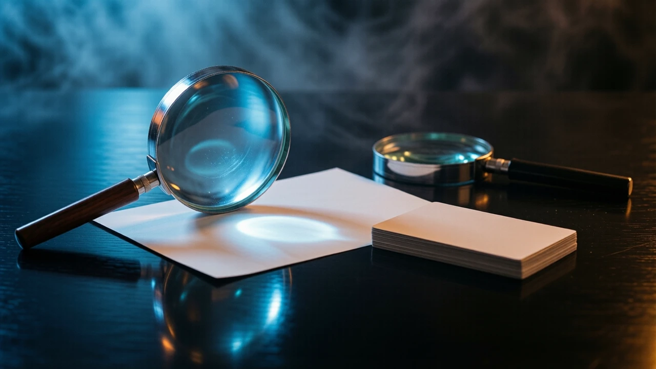 A round magnifier standing on its handle over a plain printed sheet on a dark glossy table, one cool blue light from behind so the lens throws a bright disc onto the paper, the sheet blank inside the disc, a short stack of identical unmarked cards lying just beyond it, mirrored reflections under both, background falling into near-black