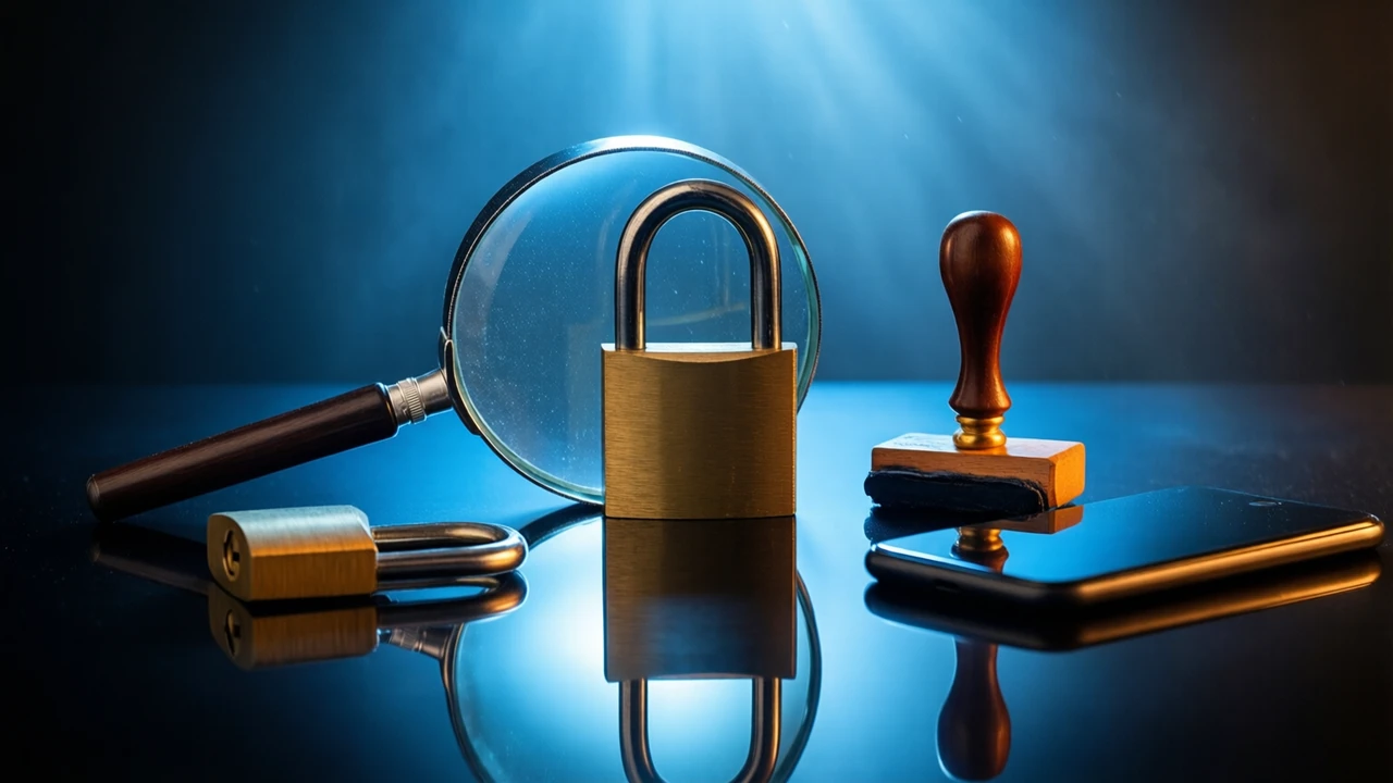 A closed brass padlock standing upright on a dark glossy table under one cool blue light raking from behind, a round magnifier lying across its shackle with the handle running off to the left, fine dust visible on the glass, a clean mirrored reflection of both beneath them and the background falling away into near-black