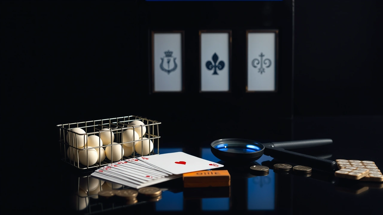 A small wire draw cage holding plain pale balls standing on a dark glossy table, a fanned hand of plain playing cards laid face up beside it with pips and court faces turned up, three square windows side by side in a dark upright panel behind, each one holding a different simple emblem, one cool blue light from behind raking across them all, a clean mirrored reflection below, near-black beyond