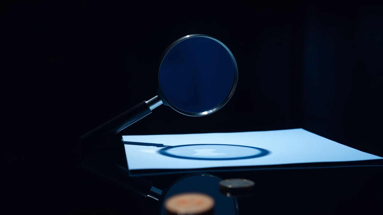 A round magnifier standing on its handle over a blank sheet of plain paper on a dark glossy table, one cool blue light from behind throwing the lens shadow forward, the sheet entirely unmarked inside and outside the glass, a clean mirrored reflection under the magnifier, near-black beyond