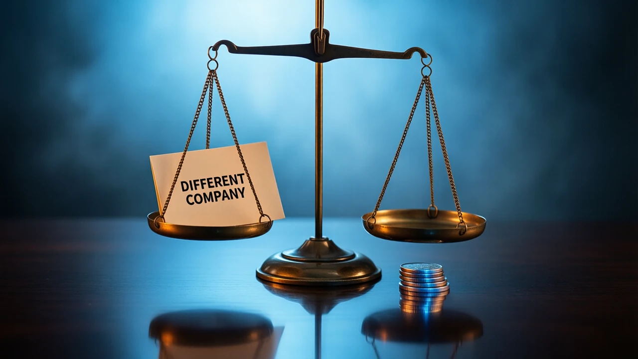 A small set of brass balance scales standing on a dark glossy table under one cool blue light from behind, a folded plain card resting in each empty pan, the nearer card facing the camera flat and printed with the single line DIFFERENT COMPANY in heavy black type, the pans hanging level, a clean mirrored reflection below and near-black beyond