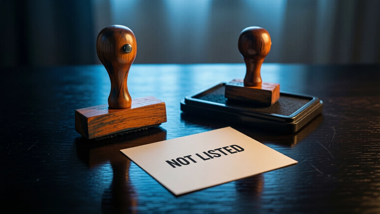 A rubber stamp standing on its handle beside a clean ink pad on a dark glossy table under one cool blue light from behind, a single plain card lying flat and square to the camera in front of them printed with the single line NOT LISTED in heavy black type, the stamp face clean and unused, mirrored reflections beneath all three, near-black beyond