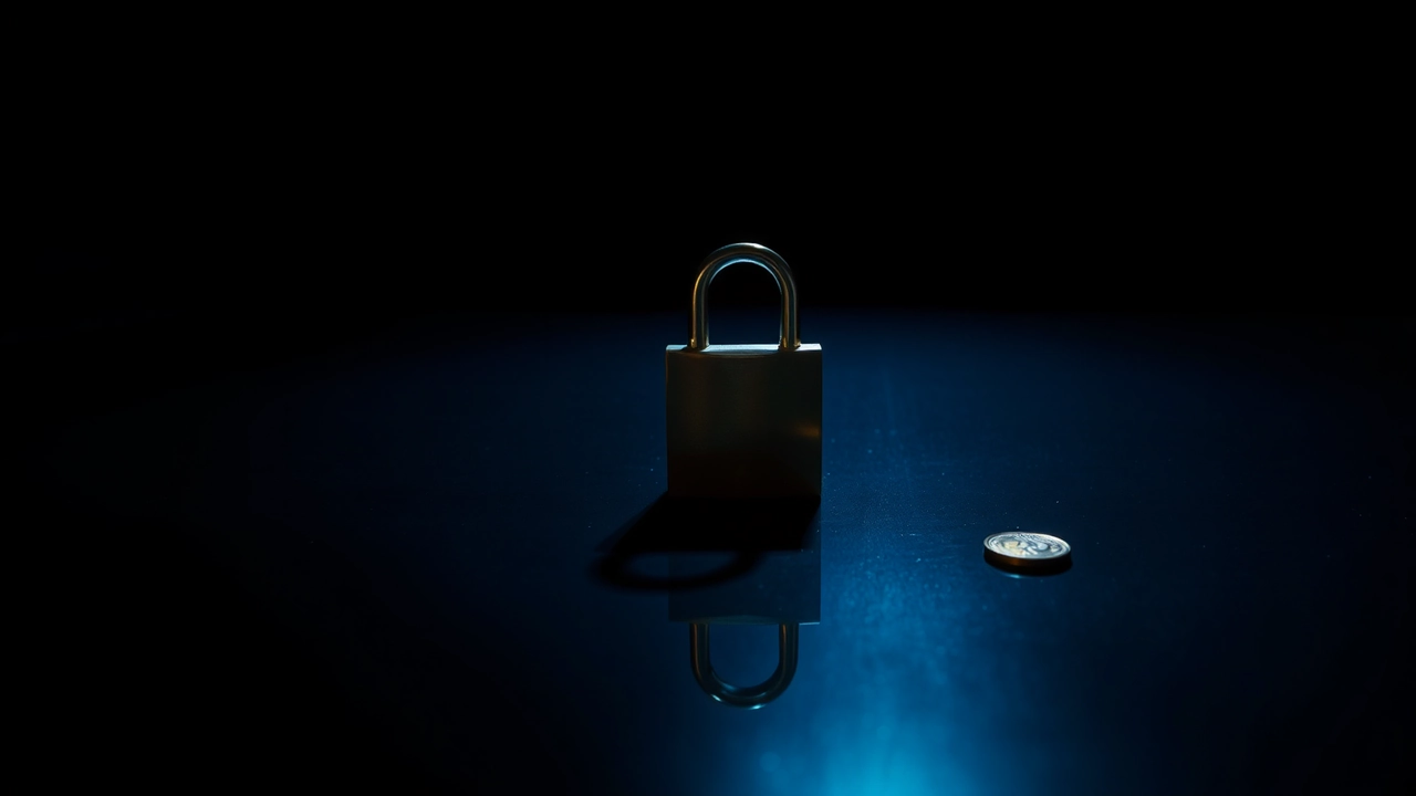An empty dark glossy tabletop lit by one cool blue light from behind, a single closed brass padlock standing alone near the centre and throwing a long soft shadow forward, a clean mirrored reflection beneath it, the surface otherwise bare and falling away into near-black