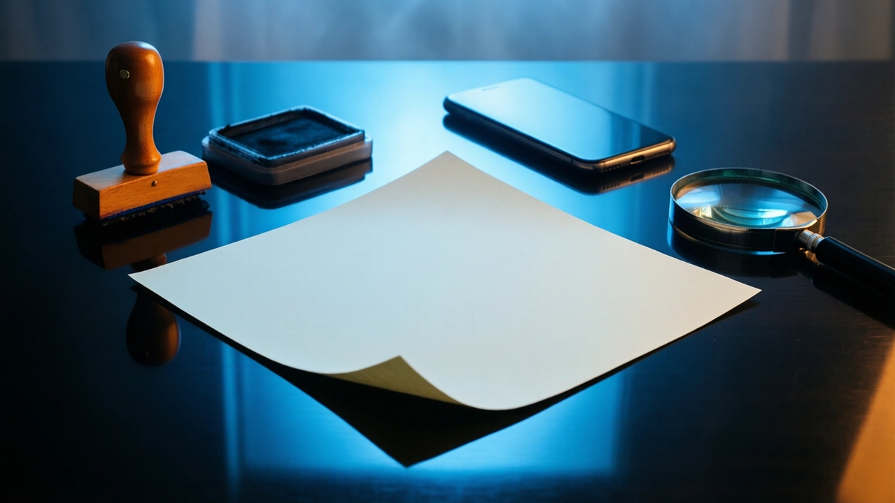 A single sheet of plain pale paper lying square on a dark glossy table under one cool blue light from behind, the sheet blank and facing the camera flat, one corner lifted slightly clear of the surface, a clean mirrored reflection beneath it, near-black beyond