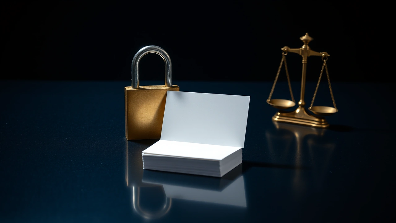 A closed brass padlock standing upright on a dark glossy table beside a squared stack of blank plain cards, one cool blue light raking from behind so both throw long soft shadows forward, every card face unmarked, clean mirrored reflections under both objects and near-black falling away behind