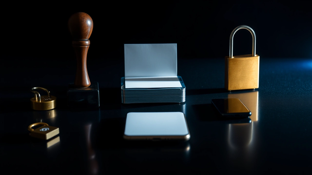A rubber stamp standing upright on its wooden handle beside a clean closed ink pad and a squared stack of blank cards on a dark glossy table, one cool blue light from behind throwing a long soft shadow forward, the stamp face unused and unmarked, mirrored reflections under all three objects, near-black beyond