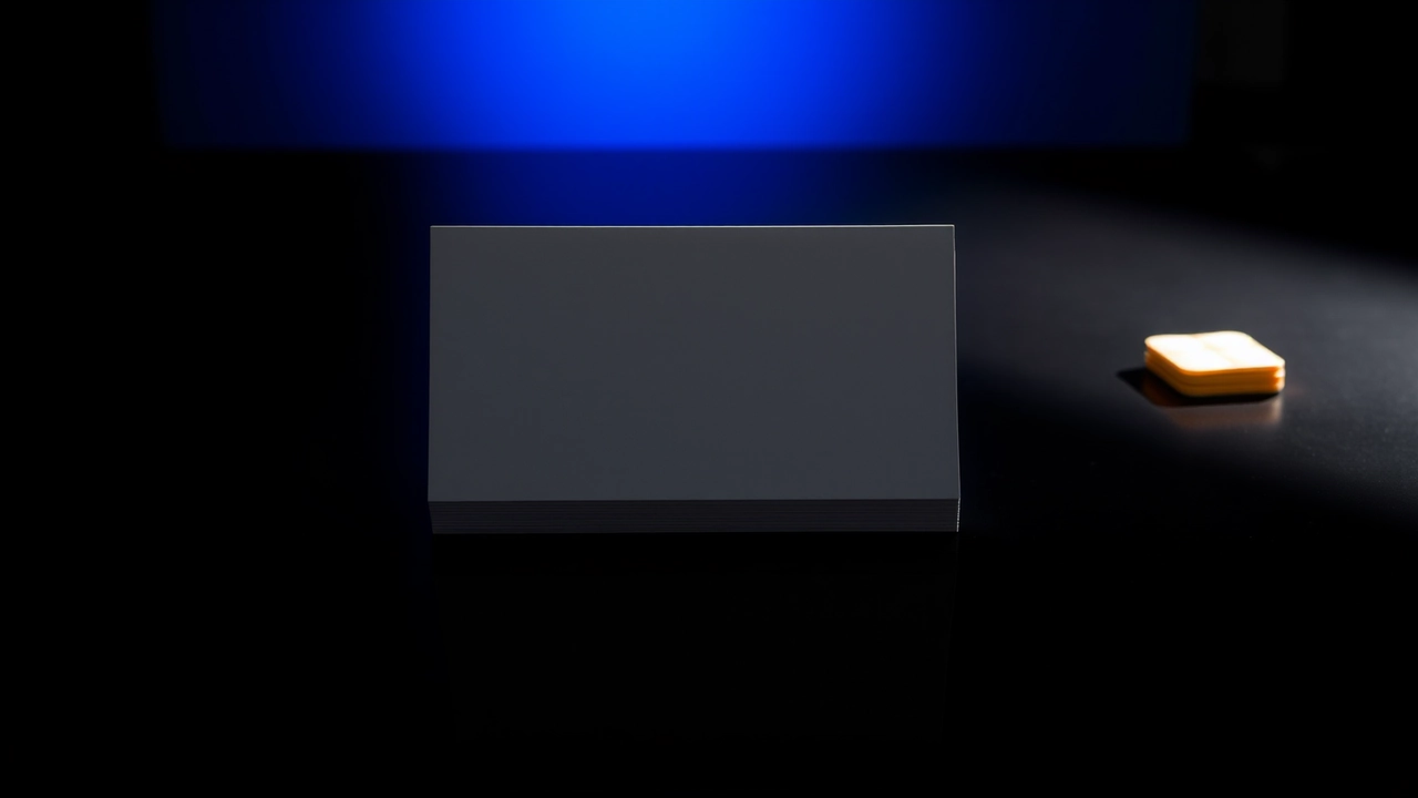 A squared stack of blank plain cards lying alone on a dark glossy tabletop under one cool blue light from behind, every card face unmarked, the stack's cut edges catching a thin rim of light, a clean mirrored reflection beneath and the rest of the surface falling away into near-black