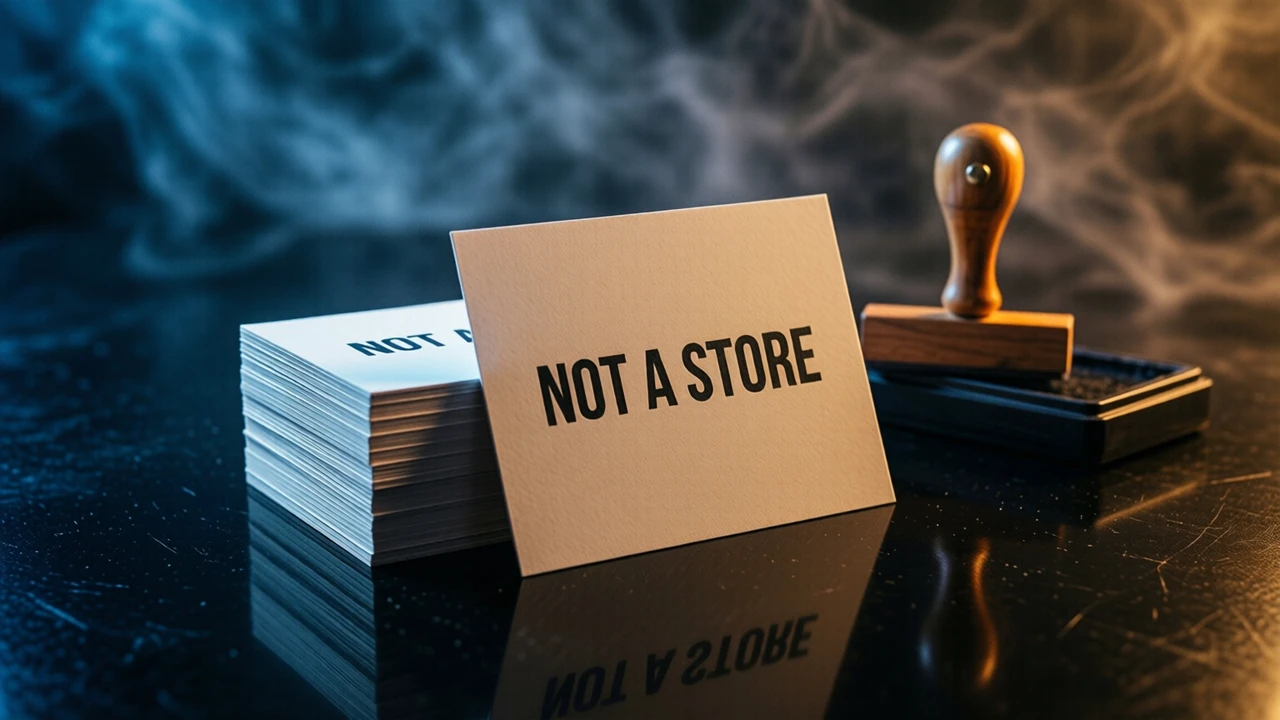 A squared stack of blank cards lying on a dark glossy table under one cool blue light from behind, one card standing upright at the front of the stack facing the camera flat and printed with the single line NOT A STORE in heavy black type, the stack's edges catching a thin rim of light, a clean mirrored reflection below and near-black beyond